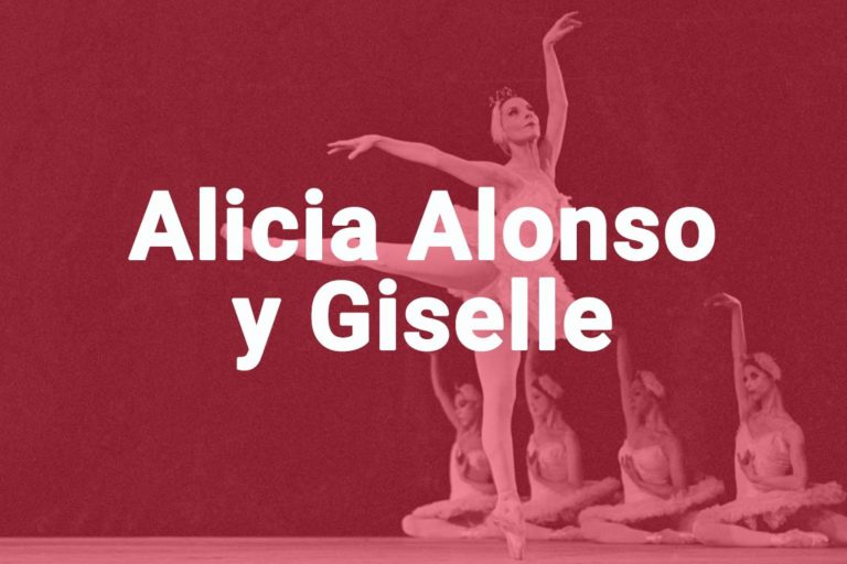 Alicia Alonso bailando ballet con otras bailarinas detrás de ella sobre fondo rojo
